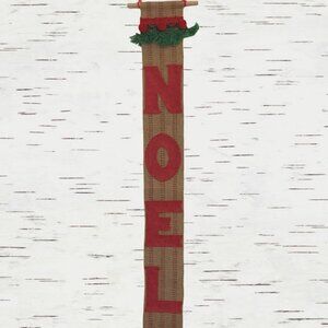 1970s HANDMADE Tan Burlap & Red Felt Noel Banner Green Trim Pom Poms & Tassels